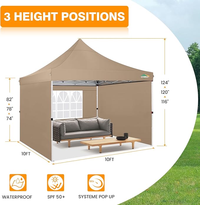 COBIZI 10x10 Pop Up with 3 Sidewalls, Canopy Tent 10x10 for Parties, Backyard, Commercial, Waterproof and Portable Instant Shelter UV50+ Outdoor Canopy Gazebo with 4 Sandbags(Khaki)