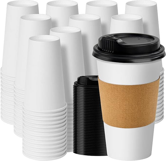 RACETOP 16 oz Disposable Paper Coffee Cups with Lids and Sleeves, 500 Pack | BPA-free, Ideal for Office, Home, Coffee Shop, Picnic, Parties, Daily Use by RACETOP