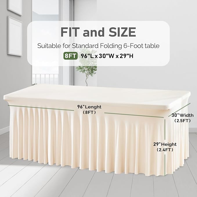 4 Packs Ivory Table Clothes for 8 Foot Rectangle Tables, One-Piece Wrinkle Resistant Stretch Spandex Table Covers with Skirt for Event Banquet Wedding Birthday Party - Image 8