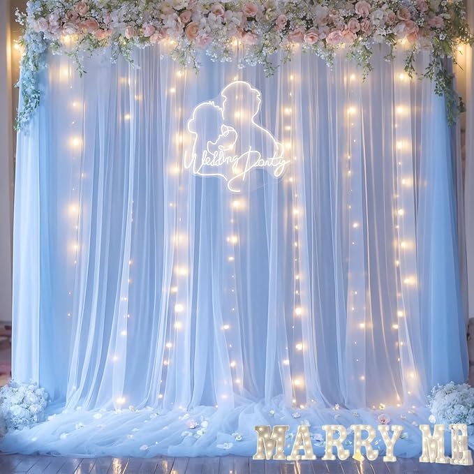 Baby Blue Sheer Tulle Backdrop Curtains with Lights String for Parties Baby Shower Decorations for Boy Bridal Shower Birthday Party Photo Shoot Background Wall Decorations 10×8ft(2 Panels 5×8ft) - Image 2