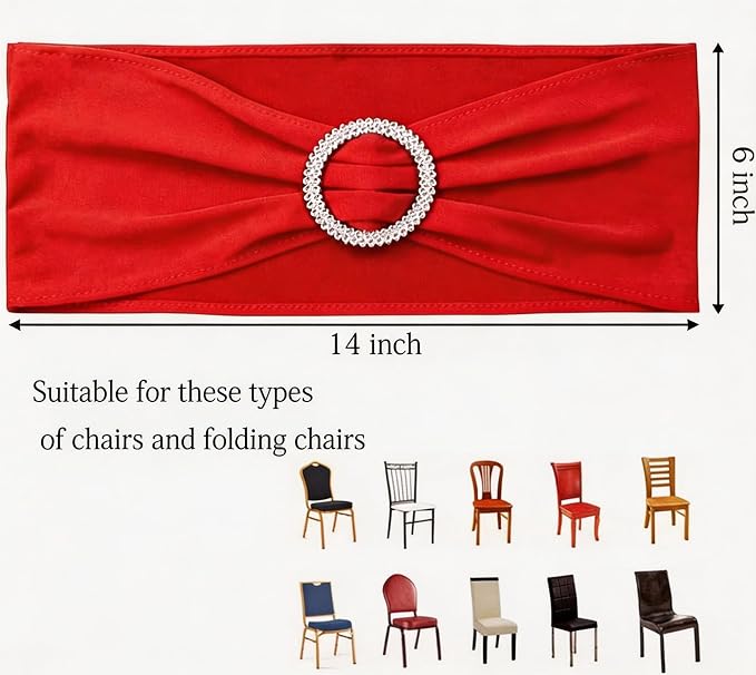 Pack of 50 Spandex Red Chair Sashes for Wedding Chair Bows Ties Stretch Chair Bands with Silver Buckles for Party Birthday Engagement Banquet Christmas Event Decorations (Red) - Image 3
