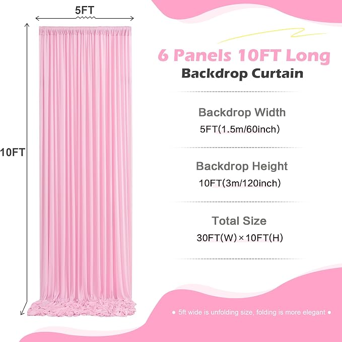 30ft x 10ft Wrinkle Free Pink Backdrop Curtain for Parties, 6 Panels 5×10ft Silky Polyester Light Pink Photo Backdrop Drapes Back Drop Cloth for Girl Party Birthday Gender Reveal Wedding Photography - Image 2
