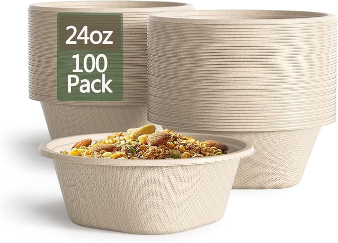 24 Oz Disposable Bowls, [100 Pack] Paper Bowls Disposable - Heavy Duty and Eco-friendly Sugarcane and Bamboo Bagasse Biodegradable Bowls for Cereal, Rice, French Fries - Convenient and Compostable by Homestockplus