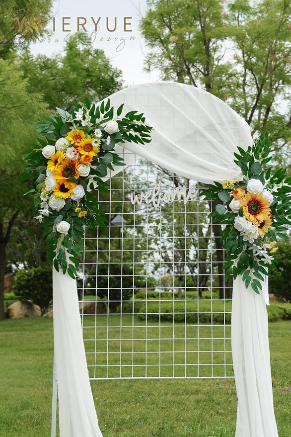Artificial Wedding Arch Flowers Kit(Pack of 3),2Pcs Artificial Flower Arch Decor,1Pcs Sheer Drape for Wedding Ceremony Arbor for WeddingCeremony (Sunflower Wedding) - Image 4