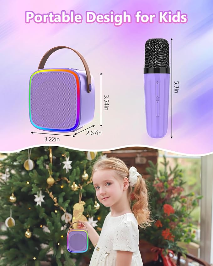 Mini Karaoke Machine with 2 Wireless Microphones, Kids Toys Portable Bluetooth Speaker for Kids Adults Toddler, Christmas Girls Toys for 4 5 6 7 8 9 10 12 Year Old Birthday Gift Ideas (Purple)