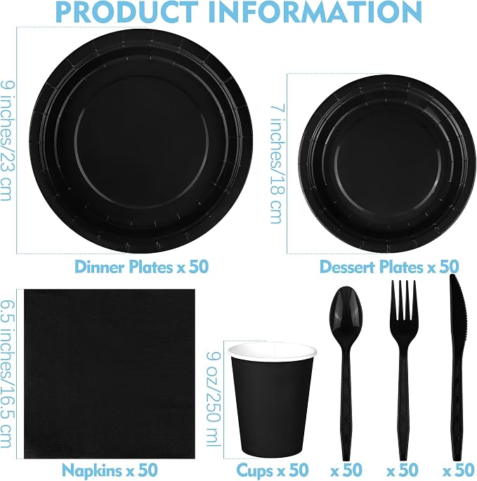 durony 350 Pieces Black Paper Dinnerware Set 7 Inch 9 Inch Disposable Dinner Plates Serve 50 Guests Paper Cup Cutlery Napkins Solid Color Party Supplies for Birthday Wedding Party Family Picnic - Image 2