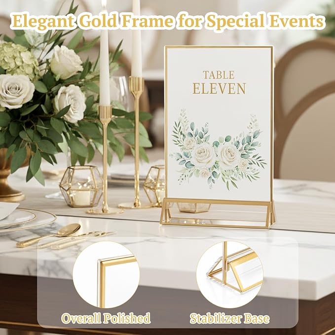 EHWINE 24 Pack Acrylic Sign Holder 5 x 7, Double Sided Gold Picture Frame Stand up Table Top Sign Holders, Clear Display Stand Menu Flyer Holder for Wedding Party - Image 4
