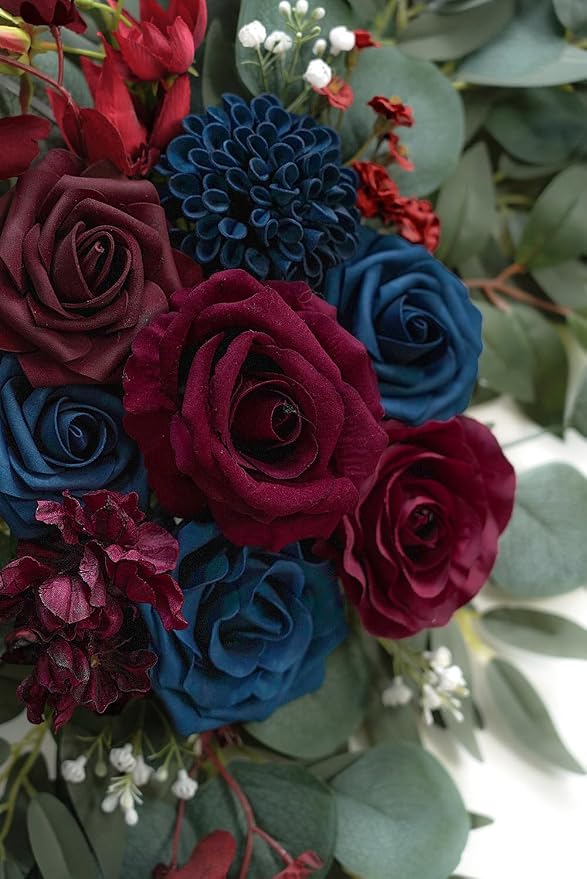 Olalaka Navy and Burgundy Flower for Wedding Welcome Signs Decorations, Artificial Burgundy Wedding Arch Flowers for Wedding Ceremony (Set of 2) - Image 6