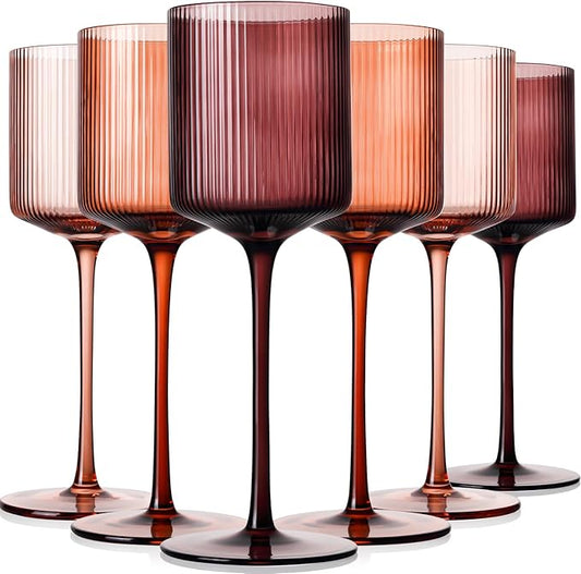 Melanin Colored Square Wine Glasses Set of 6, Elegant Ribbed Design Amber Crystal Glassware with Long Stem, 11.5oz Hand Blown Red & White Wine Stemware For Home Bar Deco,Party,Wine Dinner- Multicolour