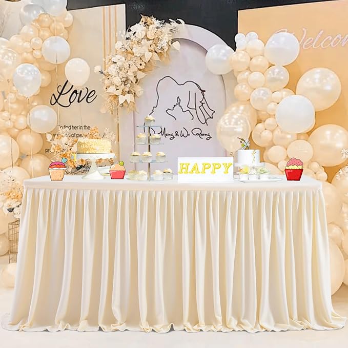 Ruffle Table Skirt for Teacher Desk Classroom Wedding Birthday, Ivory, 4ft | Velcro Clips for Easy Setup, Decorations for Dorm Office Banquet Party Baby Shower Bridal, Kidney Rectangle Tablecloth Cover by Zerenfy