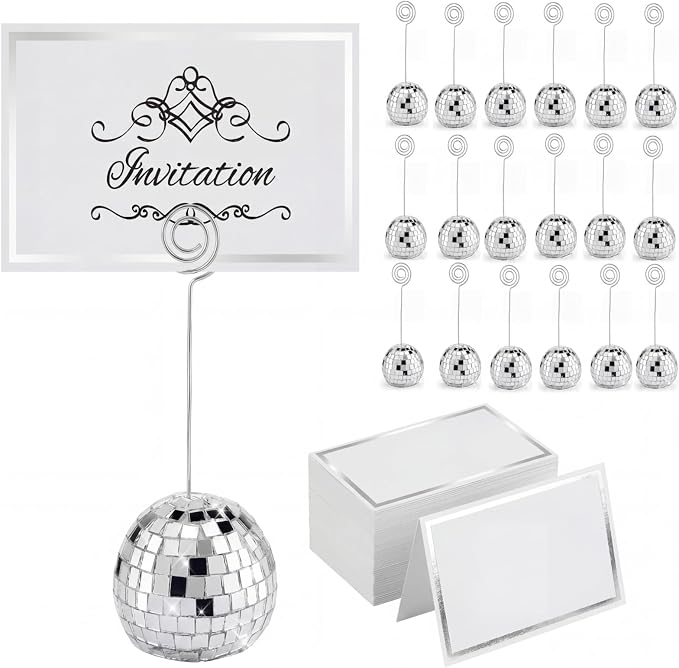 Maitys 20 Set Disco Ball Table Number Holders Silver,60pcs/20 Set,2 Inch | Swirl Wire Clips for Place Cards, Name Tags, Photo Stand, Wedding Bachelorette Party Decor, Includes 40 Blanks for Guests by Maitys