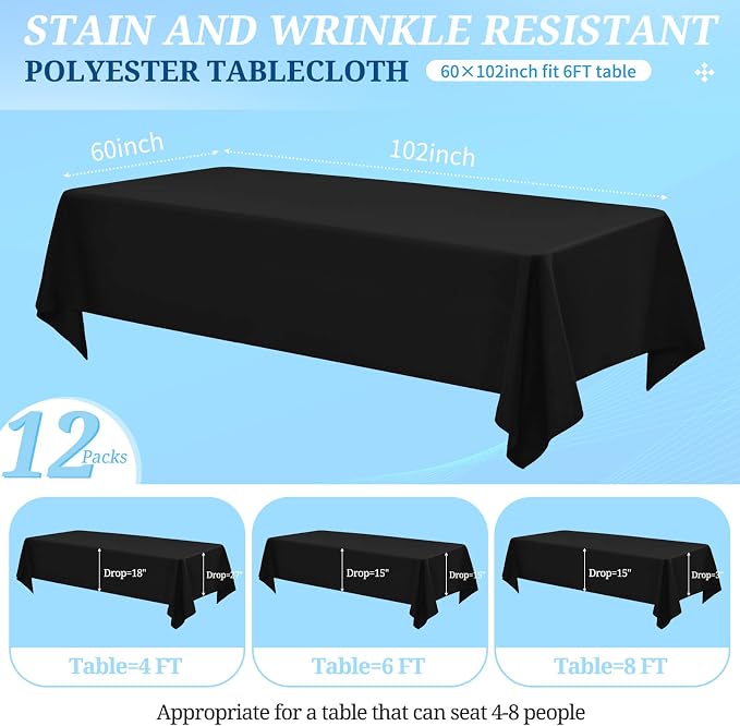 12 Pack Black Tablecloths for 6ft Tables-60 x 102 Inch | Polyester Table Cover, Stain and Wrinkle Resistant Washable Fabric Table Cloth, Perfect for Wedding Banquet Parties - Image 2