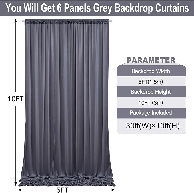 30ft×10ft Wrinkle Free Grey Backdrop Curtains for Parties, 6 Panels 5×10ft Soft Silky Polyester Charcoal Photo Backdrop Drapes for Birthday Baptims Baby Shower Wedding Photography Backgrounds - Image 3