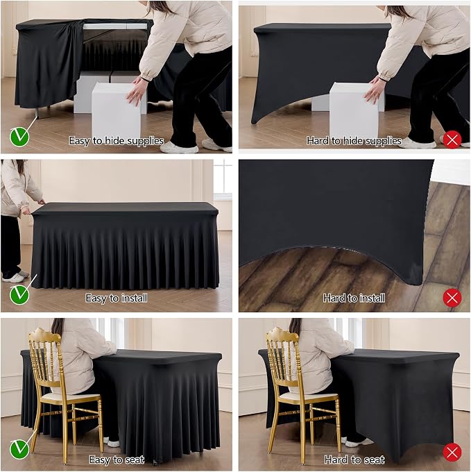 Spandex Tablecloth 6FT Rectangle Table Cover 6 Pack Black Wrinkle-Free - Image 4