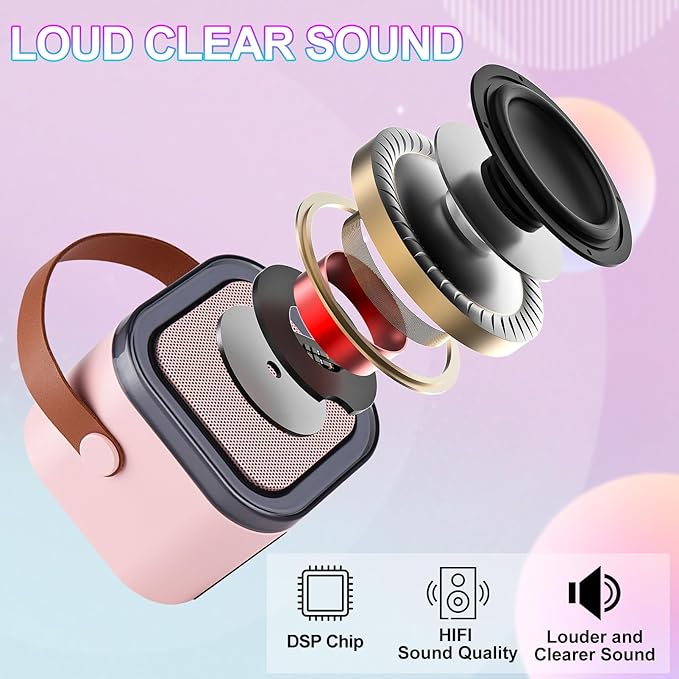 Karaoke Machine for Kids Adults, Mini Portable Bluetooth Karaoke Speaker with 2 Wireless Microphone and Lights,Toys for All Smartphones,Birthday, Family,Home Party Pinkcolor