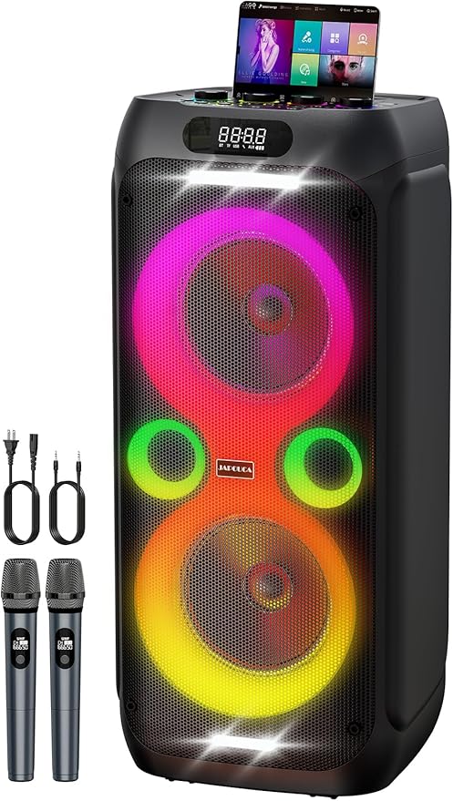 Karaoke Machine,Party Speaker Bass Boost w/Double 8" Woofer,Big Portable Bluetooth Speaker, 2 Wireless Microphone,24H/EQ/REC/RGB Light/Echo,Supports TWS/TF Card/USB/AUX/Live for Home Party