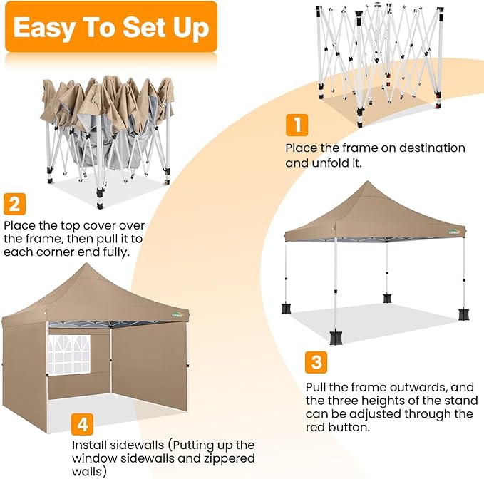 COBIZI 10x10 Pop Up with 3 Sidewalls, Canopy Tent 10x10 for Parties, Backyard, Commercial, Waterproof and Portable Instant Shelter UV50+ Outdoor Canopy Gazebo with 4 Sandbags(Khaki)
