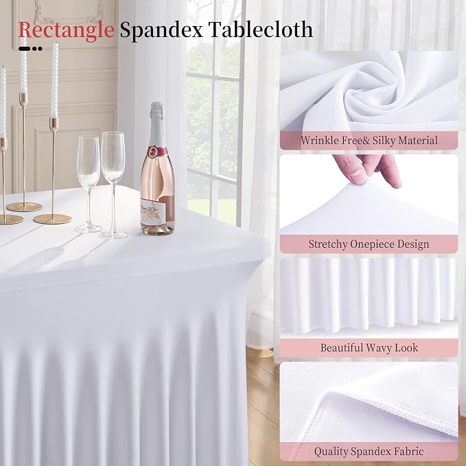 Outpain 2 Pack White Table Clothes for 8 Foot Rectangle Tables, One-Piece Wrinkle Resistant Stretch Spandex Table Covers with Skirt for Event Banquet Wedding Birthday Party - Image 2