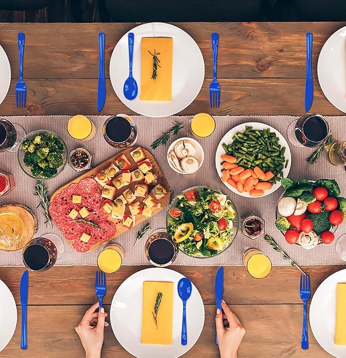HEIPINIUYE 75 Pack Royal Blue Plastic Cutlery Heavy Duty Blue Plastic Knives Forks and Spoons Disposable Silverware Set for 25 Guest Camping Birthday Baby Shower Party Cutlery Set