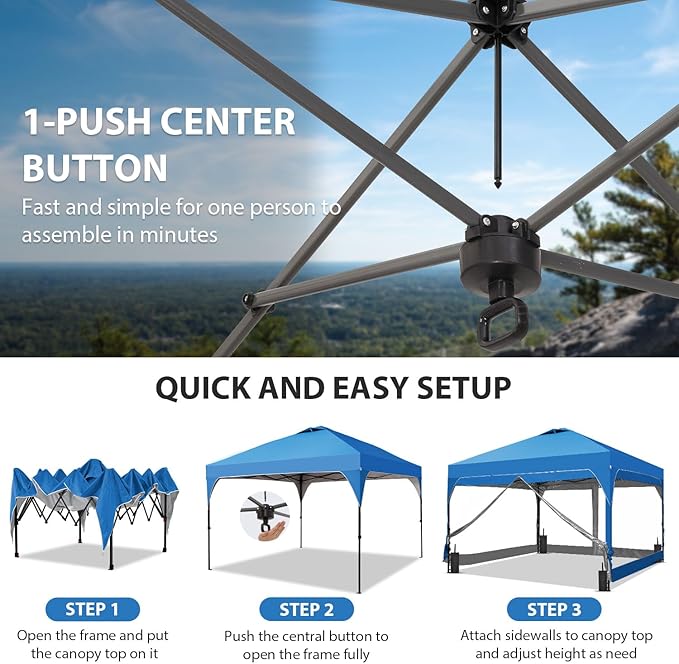 10x10 FT Pop Up Canopy with 4 Clear Sidewalls, 1-Button Push Instant Canopy Tent with Sandbags, Enclosed PVC Walls for Outdoor Activities & Events