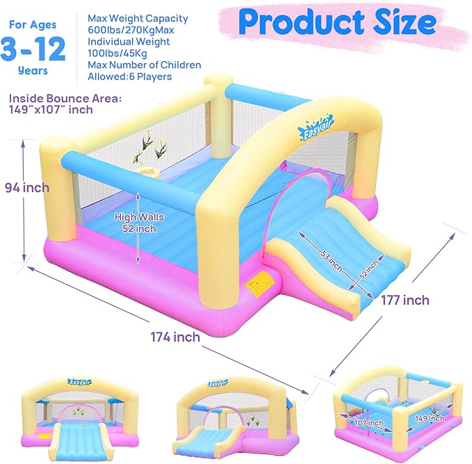 Large Bounce House for Big Kids, 14.8 x 14.5 FT Inflatable Bouncer Jumper Slide with 650W Blower, Basketball Hoop, Throw Ball Game, Ball Pits