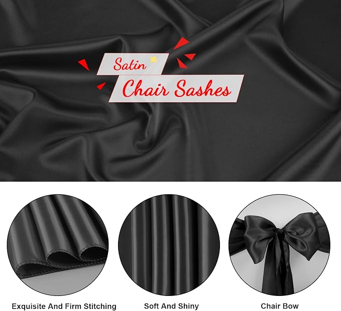 10 PCS Black Satin Chair Sashes Bows Universal Chair Ribbon Ties Back Sash for Wedding Party Reception Events Banquets Hotel Event Chair Cover Decoration (Champagne 7x108 inch) - Image 3