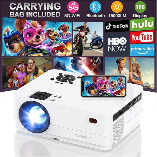 Native 1080P 5G WiFi Bluetooth Projector, CEBORY 15000LM Full HD Movie Projector (Carrying Bag Included), 300" Display 4k Portable Outdoor projector, Home Theater for Phone/Laptop/TV Stick/Game, White