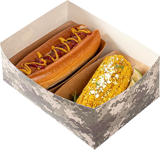 Restaurantware Bio Tek 8.4 x 6.1 x 3.5 Inch Burger Trays 100 Disposable Paper Food Trays - Sustainable Sturdy Camouflage Paper Movie Snack Trays For Meals Snacks And Baked Goods - Image 5