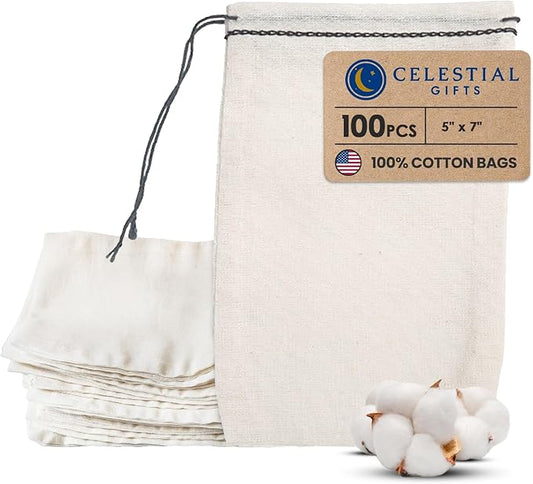 Celestial Gifts 100% Cotton Drawstring Bags, Medium 5x7, 100 Pcs | Reusable Muslin Tea, Coffee, Jewelry Gift, Spice Pouch & Sachet Bag, Made in USA, Black Hem & Drawstring, Cloth Gift Bags by CelestialGifts