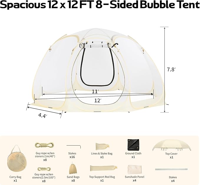 Pop Up Bubble Tent, 12 x 12 FT Instant Igloo Tent Suitable for 8-10 People, Screen House for Patios, Cold