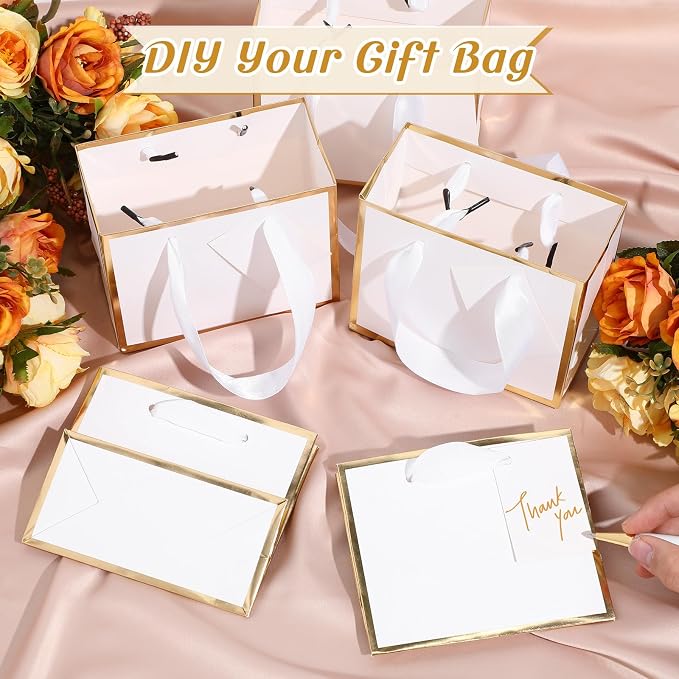 Yeaqee 100 Pcs Mini Metallic Paper Gift Bags with Handle, White, Gold | 4.75x2.25x4'' Small Gift Bag with DIY Tag, Tiny Thank You Party Favor, Wedding Baby Shower Birthday Back to School Jewelry - Image 4