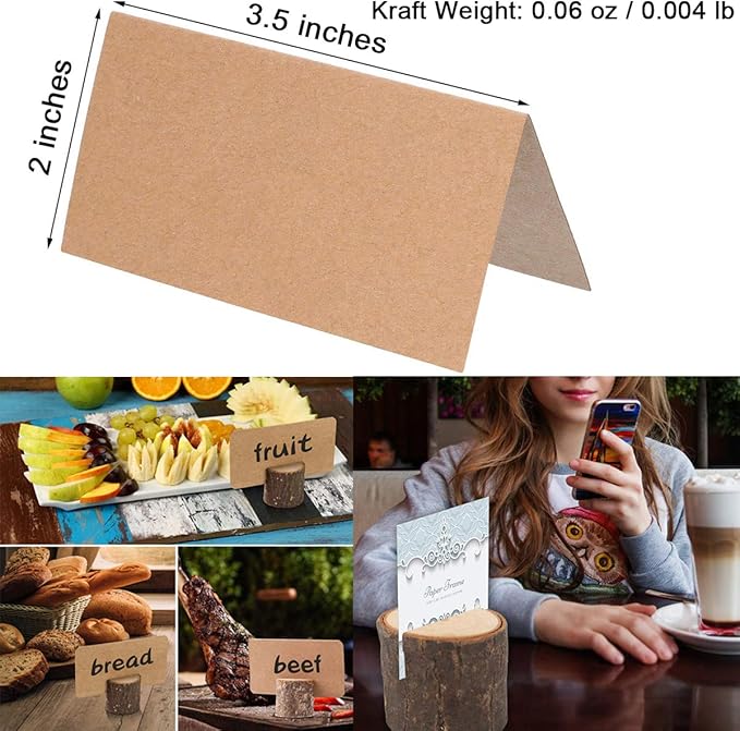 WOHENI Place Card Holders, 20 Pcs Place Rustic Wooden Card Holders Table Number Stands for Name Tags Food Markers Party Wedding Table Name Card Holder Memo Photo Holder Card and 30 Pcs Kraft