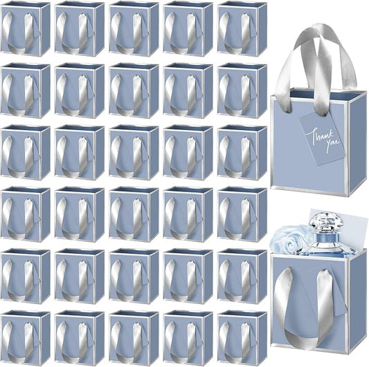 Yeaqee 25 Pcs Mini Paper Gift Bags with Handles Tag, Dusty Blue,Silver | Small Size, 4x2.75x4.5'', Metallic Trim, Ribbon Handle, Tiny Jewelry Gift Bag, Wedding Christmas Party Return Thank You Gift by Yeaqee