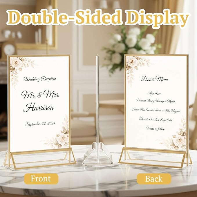 EHWINE 24 Pack Acrylic Sign Holder 5 x 7, Double Sided Gold Picture Frame Stand up Table Top Sign Holders, Clear Display Stand Menu Flyer Holder for Wedding Party - Image 3