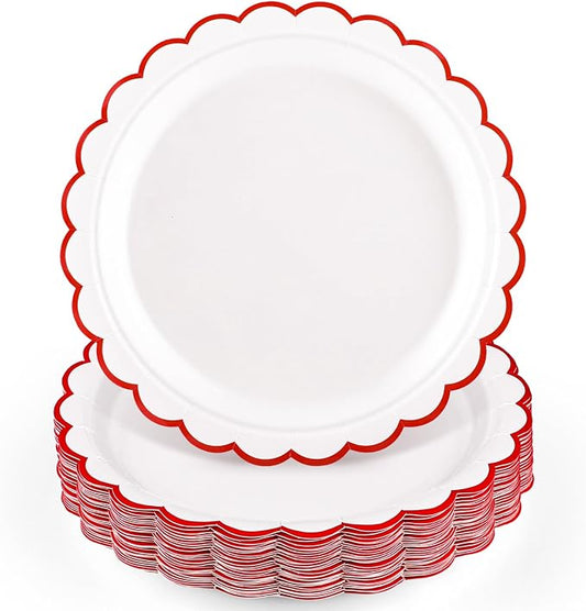 NatNarr 30 Pcs Red Paper Plates 9" Scalloped Red White Party Plates | Cute Dessert Cake Appetizers Plates for Pizza, Summer BBQ, Birthday, Baby Shower, Water&Oil Resistant by NatNarr