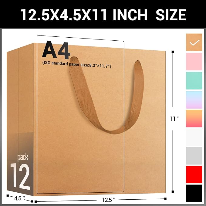 EUSOAR Large Paper Gift Wrap Bags, 12pcs 12.5" x4.5" x11" Shopping Kraft Heavy Duty Bags with Handles in Bulk, for Retail, Merchandise, Wedding, Party Favors, Grocery, Boutique, Business, Birthdays - Image 2