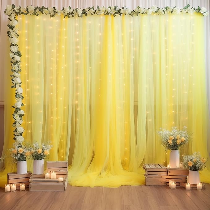 10ft x 10ft Yellow Backdrop Curtain with Lights String for Parties, Sheer Tulle Wedding Photo Backdrops Drapes for Baby Shower Birthday Party Decorations Background for Photography - Image 5