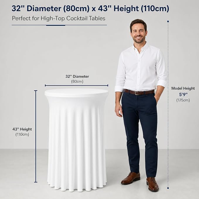 Fivenl 6 Pack Round Cocktail Tablecloth 32"x 43" Spandex Cocktail Table Skirt, Washable Stretch Fitted Table Covers for High Top Bar,Wedding,Party,Events (White) - Image 3