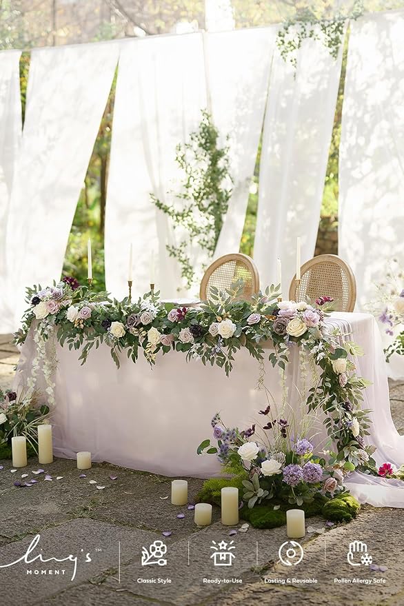 Ling's moment Purple Eucalyptus Flower Garland Wedding Arch 9 FT | Lilac Rose, Artificial Greenery, Sweetheart Table Decor, Floral Garland for Mantle, Centerpieces, Backdrop - Image 5
