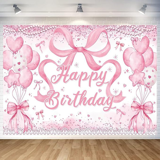 Cute Pink Bownot Birthday Party Backdrop Pink Bow Balloon Happy Birthday Banner Photography Background for Girls Teens Party Supplies 70.8 x 47.2 Inch