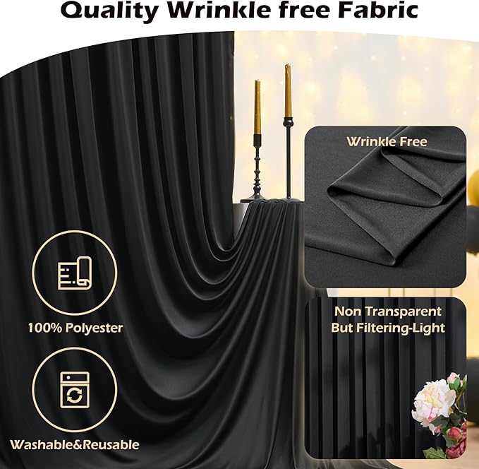 40ft x 10ft Wrinkle Free Black Backdrop Curtain for Parties, 8 Panels Silky Polyester Black Wedding Drapes for Backdrop 10 ft Photo Back Drop Cloth for Birthday Graduation Photography Background - Image 4