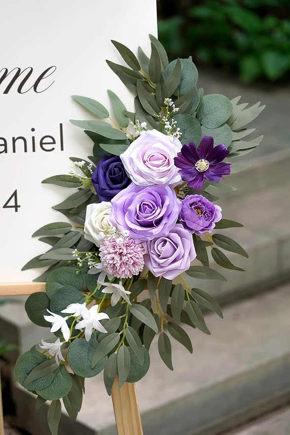 Olalaka Faux Flower Swag Set of 2 for Wedding Welcome Signs Floral Decorations, Purple Wedding Arch Flowers for Wedding Ceremony (Lilac & Purple & Cream) - Image 5