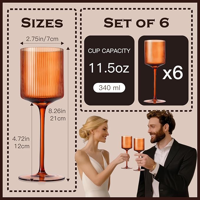 Halloween Decorations Maple Colored Square Wine Glasses Set of 6, Elegant Ribbed Design Amber Crystal Glassware with Long Stem, 11.5oz Hand Blown Stemware For Halloween, Thanksgiving