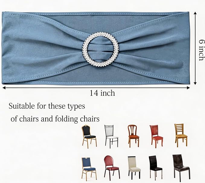 Spandex Dusty Blue Chair Sashes 100 Pack for Wedding Party Decorations, Elastic Chair Bands Bows for Party, Without White Chair Covers (Dusty Blue) - Image 3