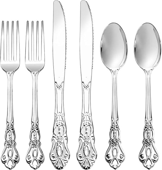 300Pieces Silver Plastic Silverware - Heavy Duty Silver Disposable Utensils - Vintage Plastic Cutlery Set Includes 100 Forks, 100 Spoons, 100 Knives for Dinner Parties Weddings