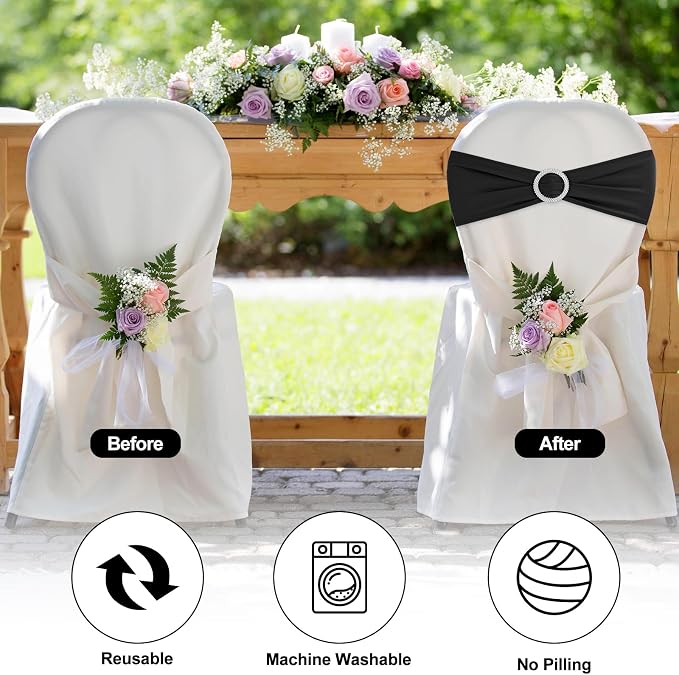Black Chair Sashes 50 Pack Spandex Stretch Chair Band Sashes with Buckles for Folding Chairs Wedding Party Reception Baby Shower Events Banquet Decorations - Image 4