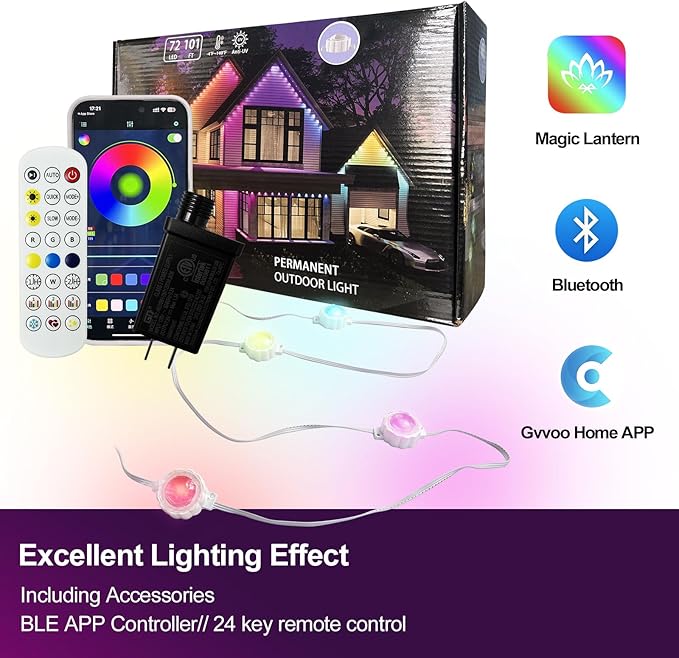 100ft Permanent Outdoor Lights for House, RGBCW LED Eaves Lighting with Smart APP/Remote Control, 66 Dynamic Scene Modes, IP67 Waterproof Outside String Lights for Christmas, Party, Daily