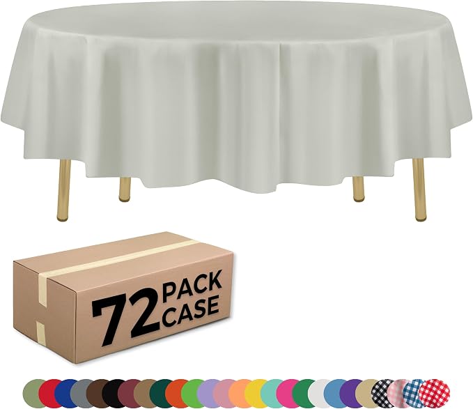 ZIMPLEWARE Light Grey Standard Disposable Plastic Party Tablecloth [Case of 72] 84 x 84” Round Table Cover for Indoor & Outdoor Use by Zimpleware