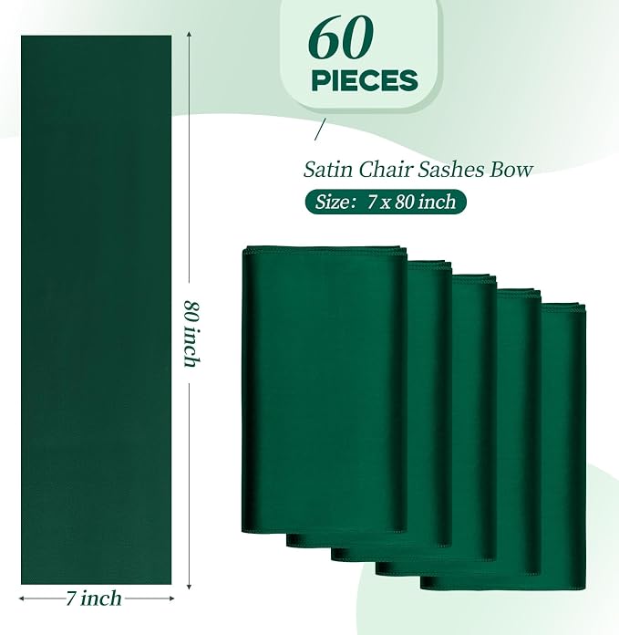 YMHPRIDE 60 PCS Emerald Green Satin Chair Sashes,Ties Bows Designed Chair Sashes for Wedding Party Baby Shower Banquet Restaurant Hotel Folding Chairs Decoration(Emerald Green,7x78 inch) - Image 3