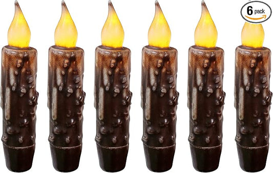 CVHOMEDECO. Real Wax Hand Dipped Battery Operated LED Timer Taper Candles Rustic Primitive Flameless Lights Décor, 4-3/4 Inch, Brwon, 6 PCS in a Package
